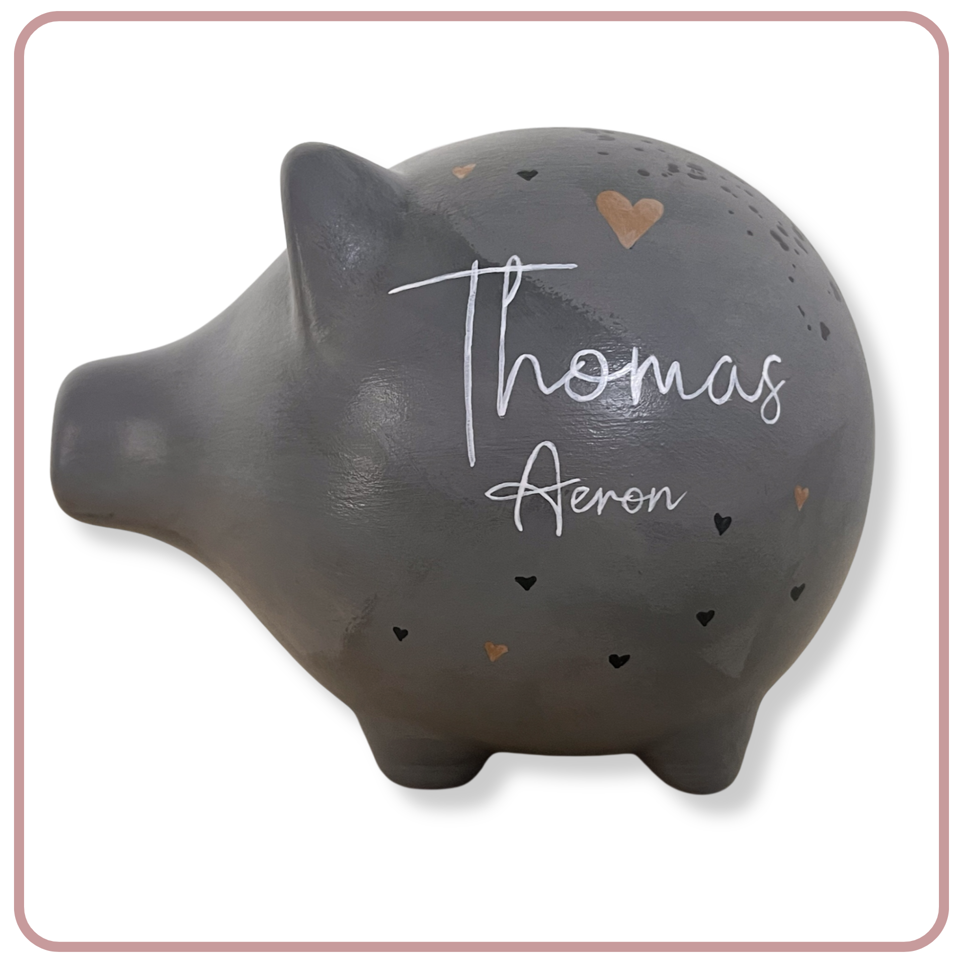 Handgeschilderde spaarpot met naam Thomas, gepresenteerd naast een enthousiaste review.