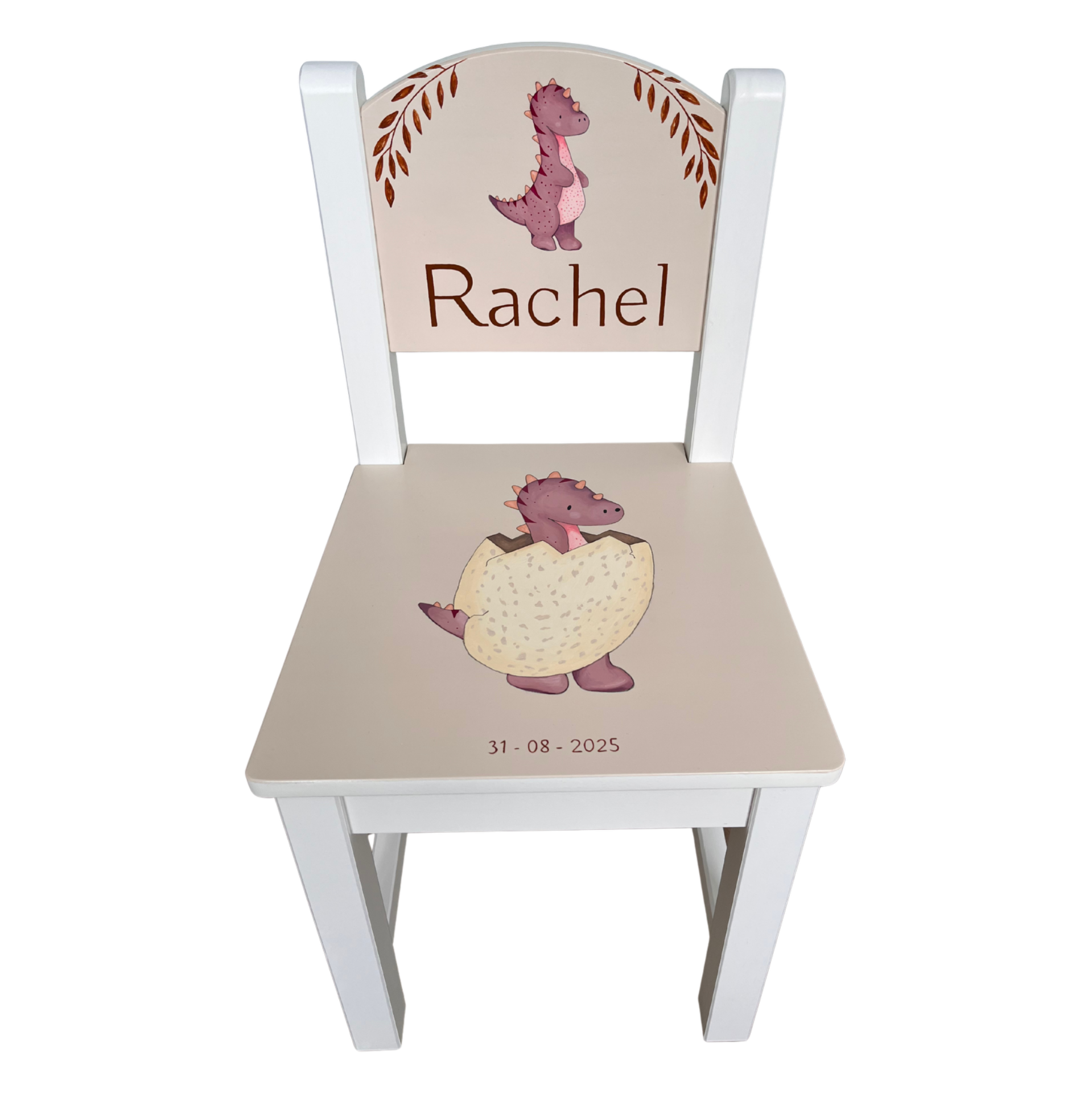 Crèmekleurig stoeltje met dino uit ei, naam Rachel en datum 31‑08‑2025.