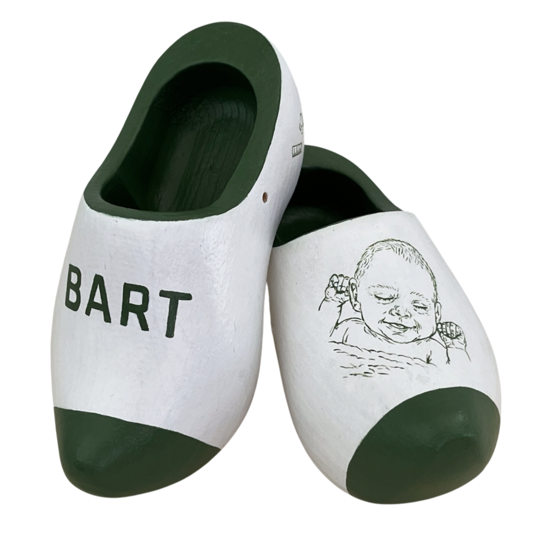 Decoratie klompjes in groentinten en naam en een lijntekening van Bart.