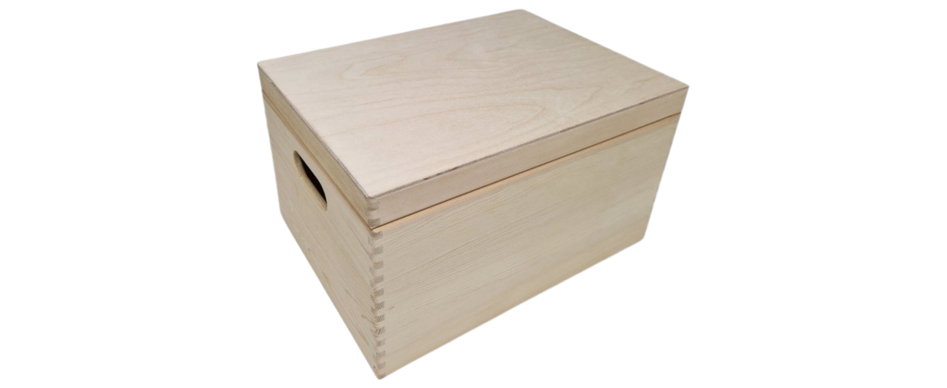 Handgemaakte houten mijlpaalbox hoog model van grenenhout met zichtbare houtnerf en handgrepen aan de zijkant.