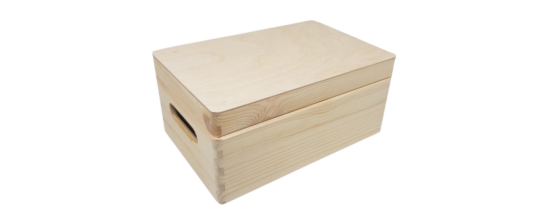 Handgemaakte houten mijlpaalbox laag model van grenenhout met zichtbare houtnerf en handgrepen aan de zijkant.