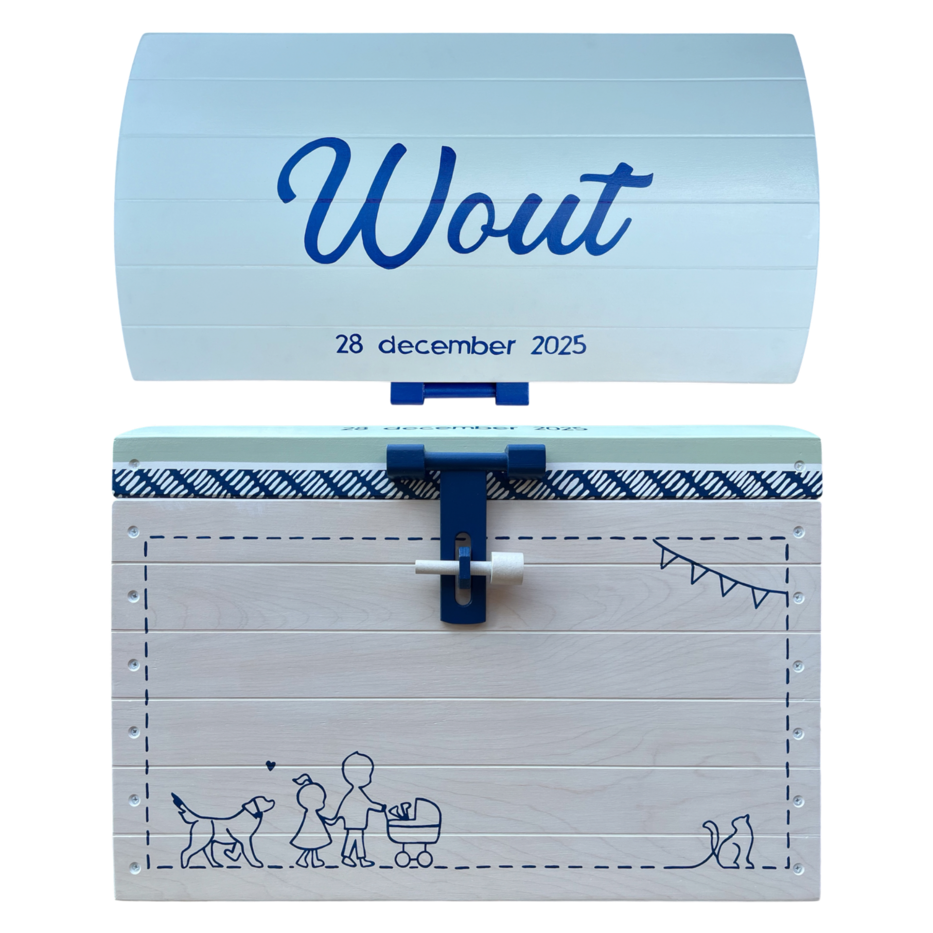 Standaard speelgoedkist met licht groene deksel, naam Wout en lijntekeningen van kind, hond en kinderwagen.