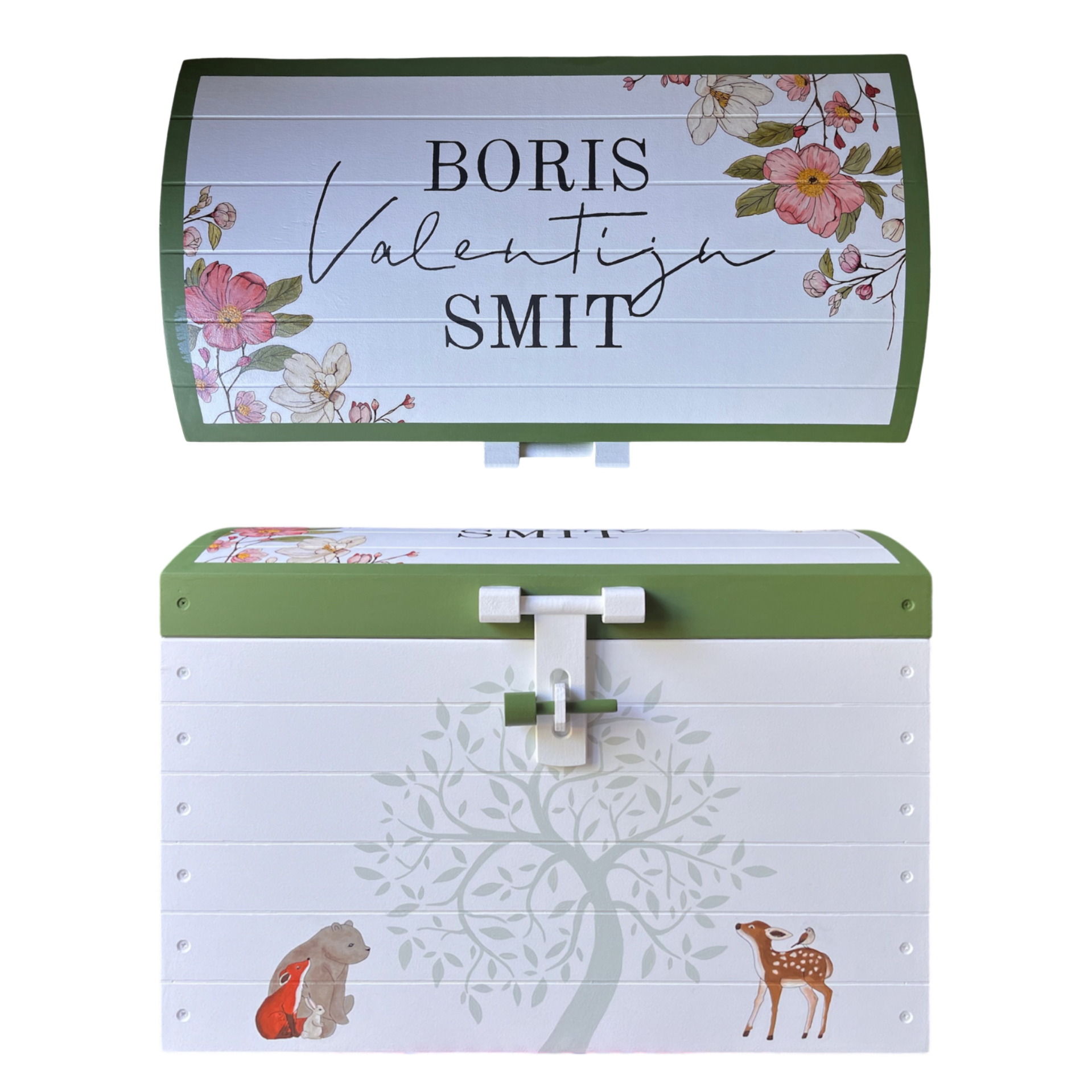 Wit‑groene Deluxe speelgoedkist met bloemen, boom en dierenillustratie en naam Boris Valentijn Smit.