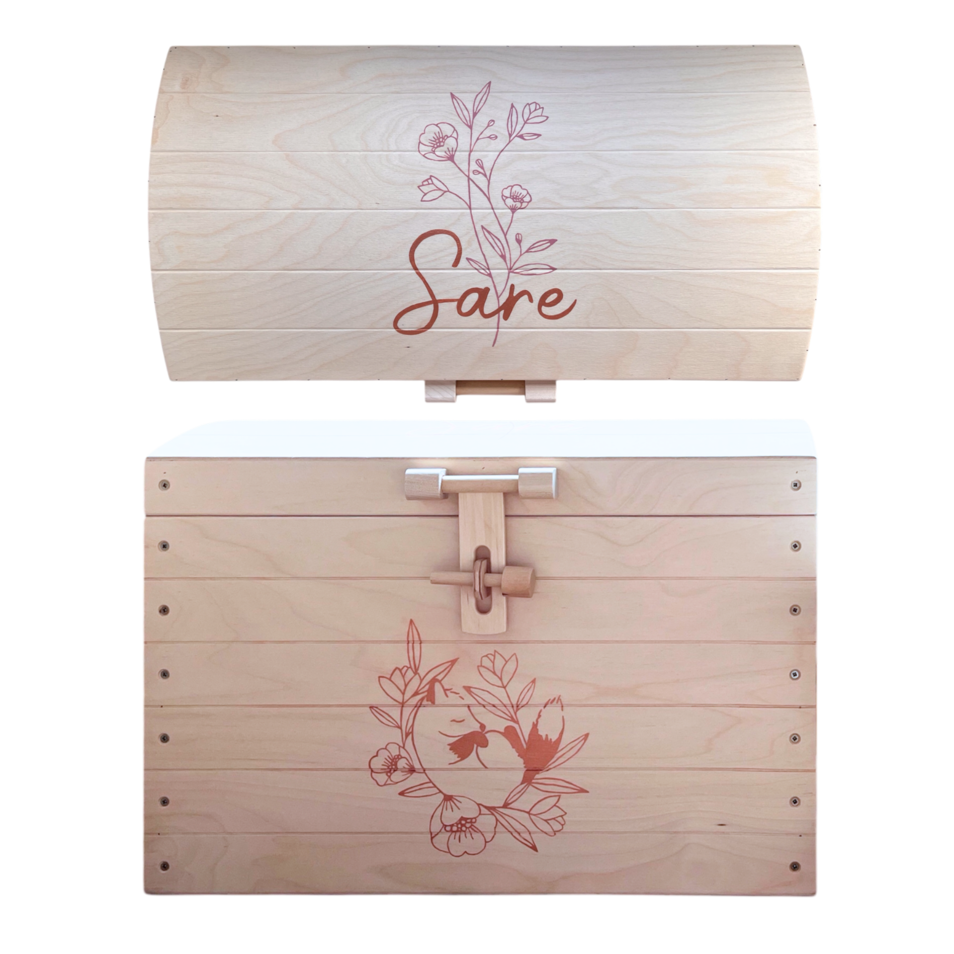 Standaard houten speelgoedkist met bloemen en slapende vos-illustratie en naam Sare.