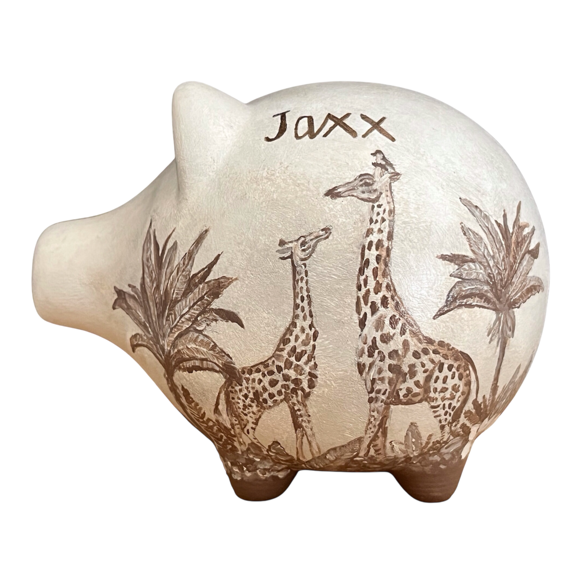 Beige spaarvarken met twee giraffes en palmbomen, naam Jaxx.