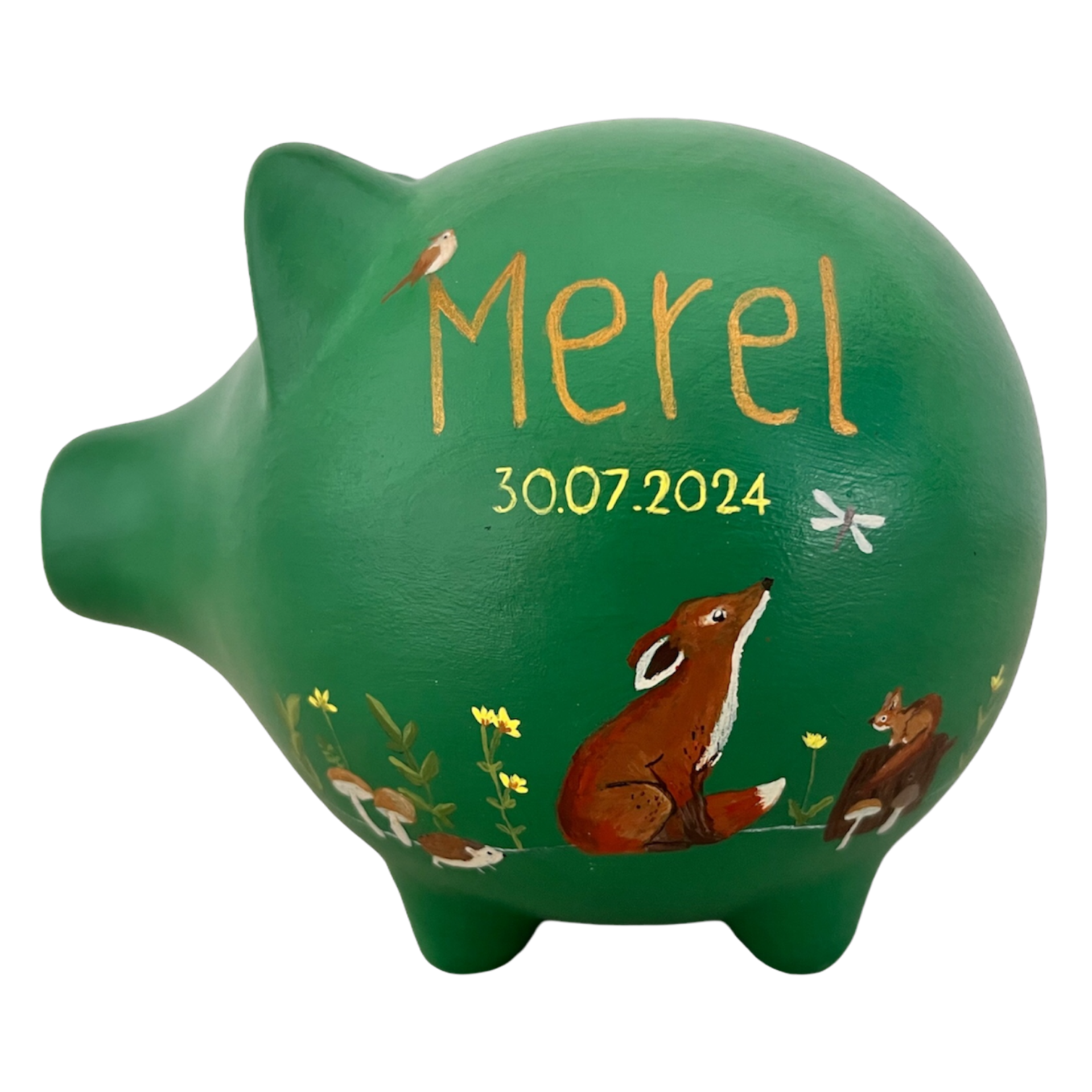 Groen spaarvarken met vosje en bloemen, naam Merel 30‑07‑2024.