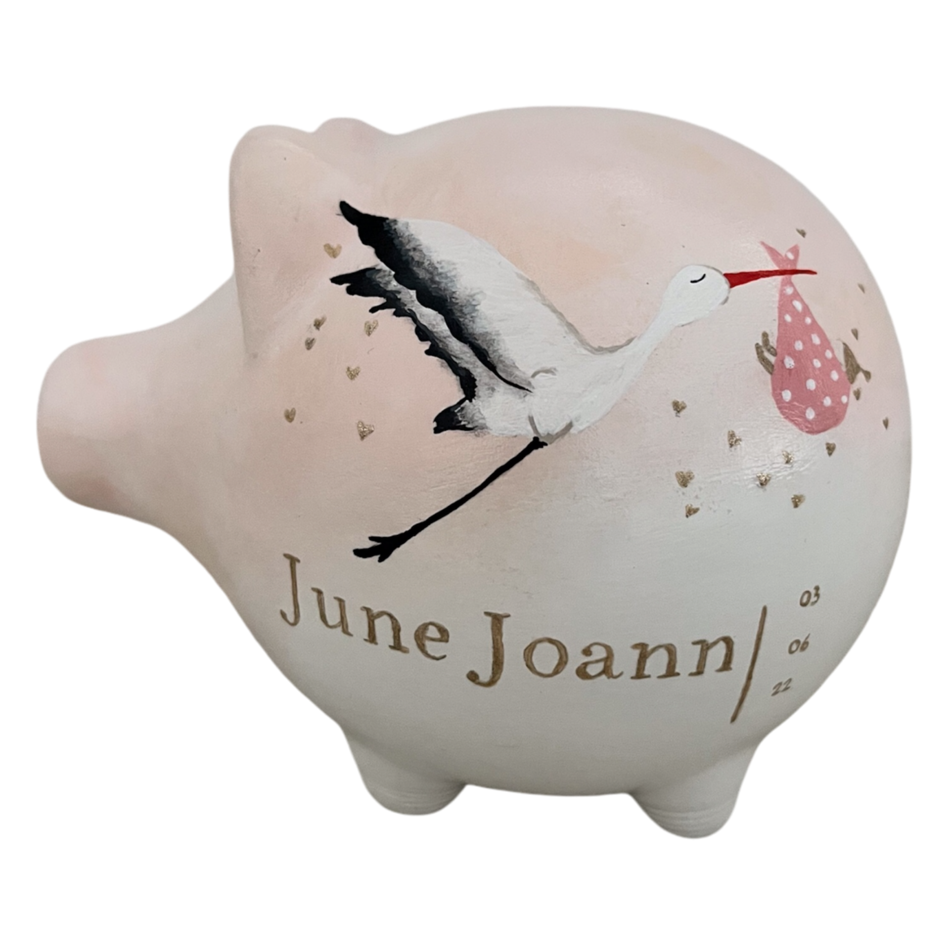 Lichtroze spaarvarken met ooievaar en bundel, naam June Joann.