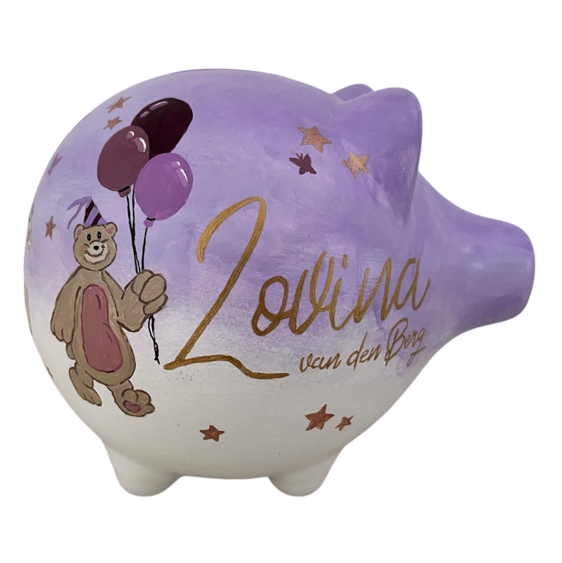 Wit‑paars spaarvarken met beer en ballonnen, naam Lovina van den Berg.