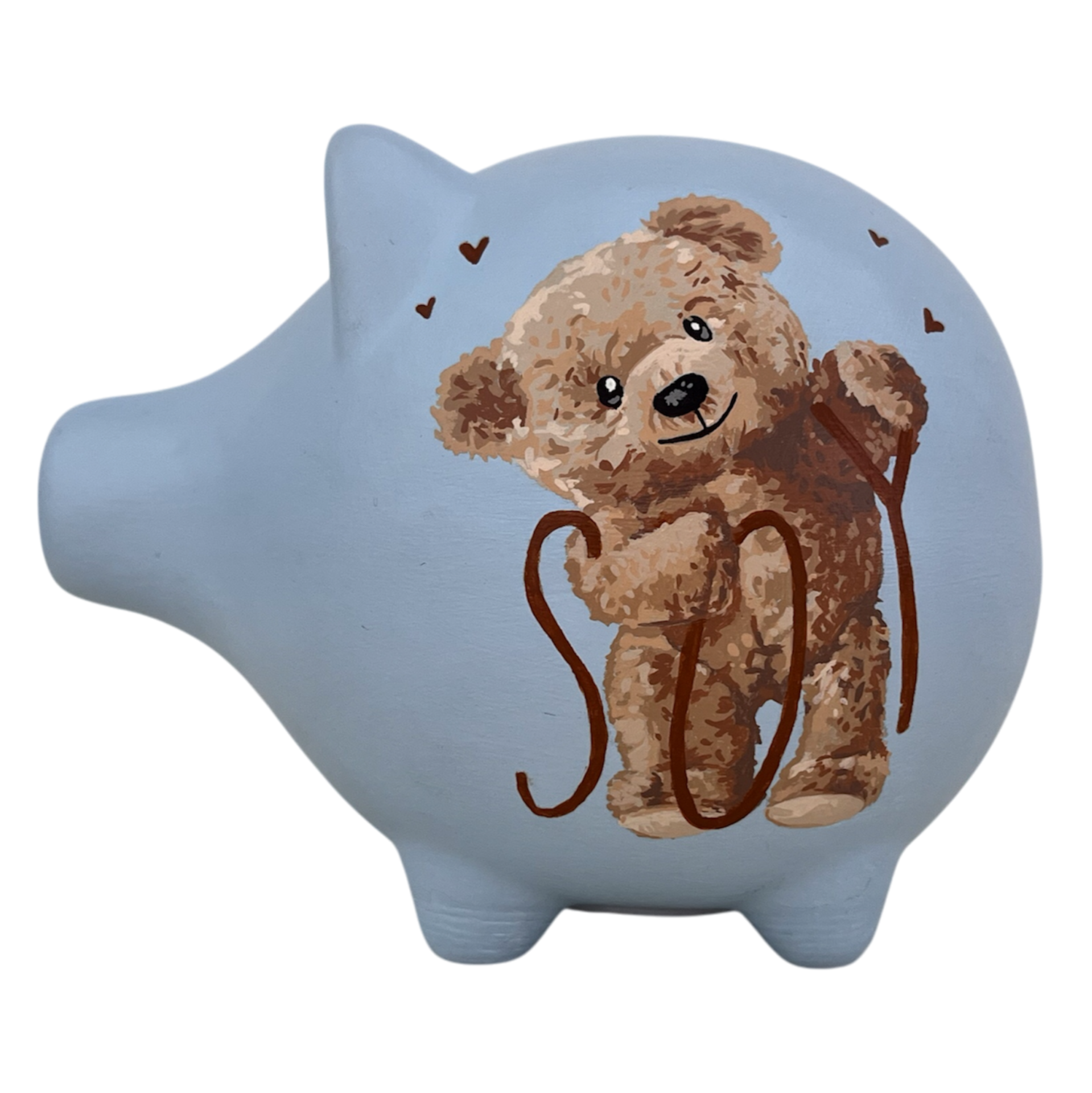 Lichtblauw spaarvarken met teddybeerillustratie en naam Soy.