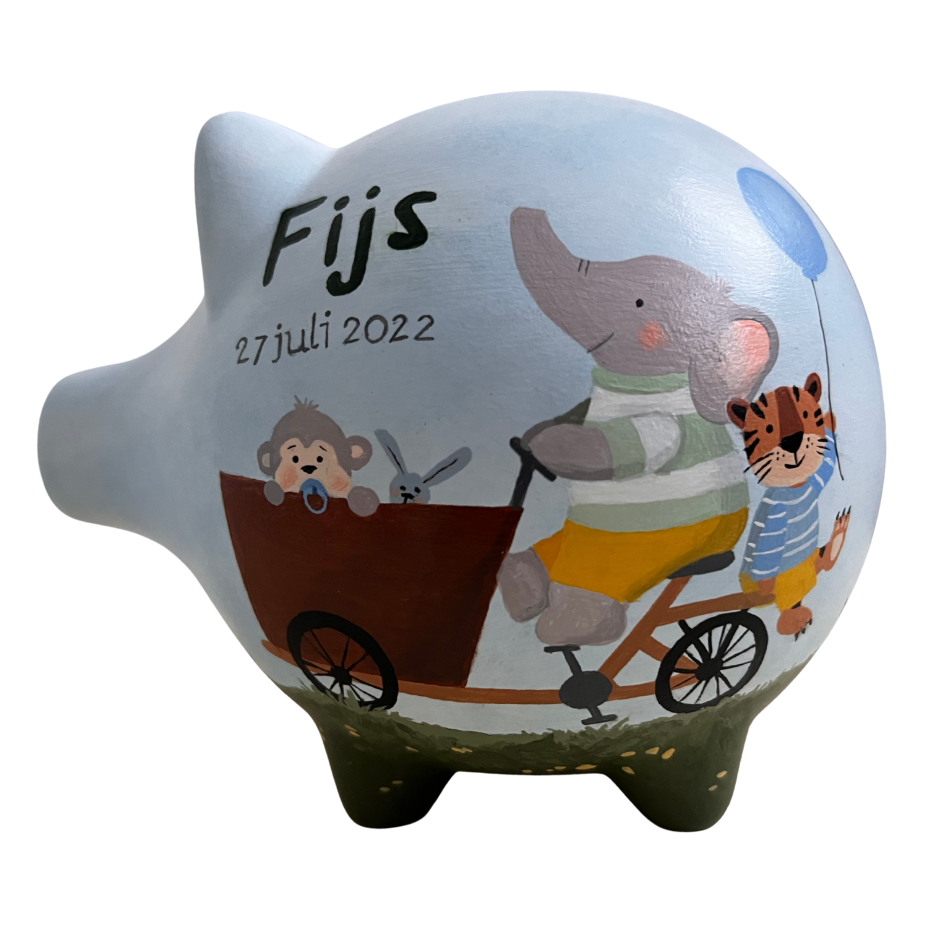 Lichtblauw spaarvarken met olifant op een bakfiets met een tijger en een aapje, naam Fijs