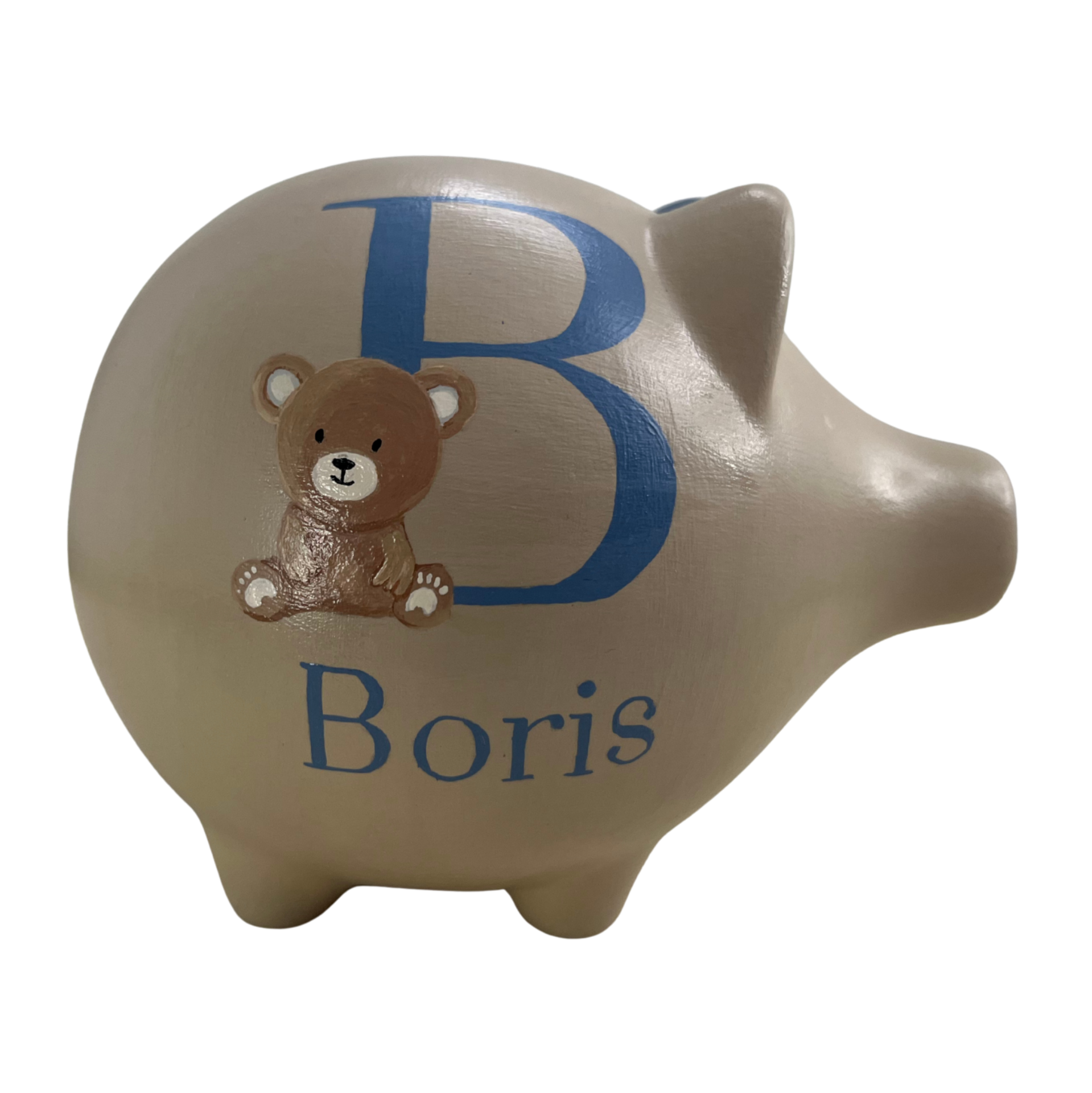 Beige spaarvarken met teddybeer en grote letter B voor Boris.