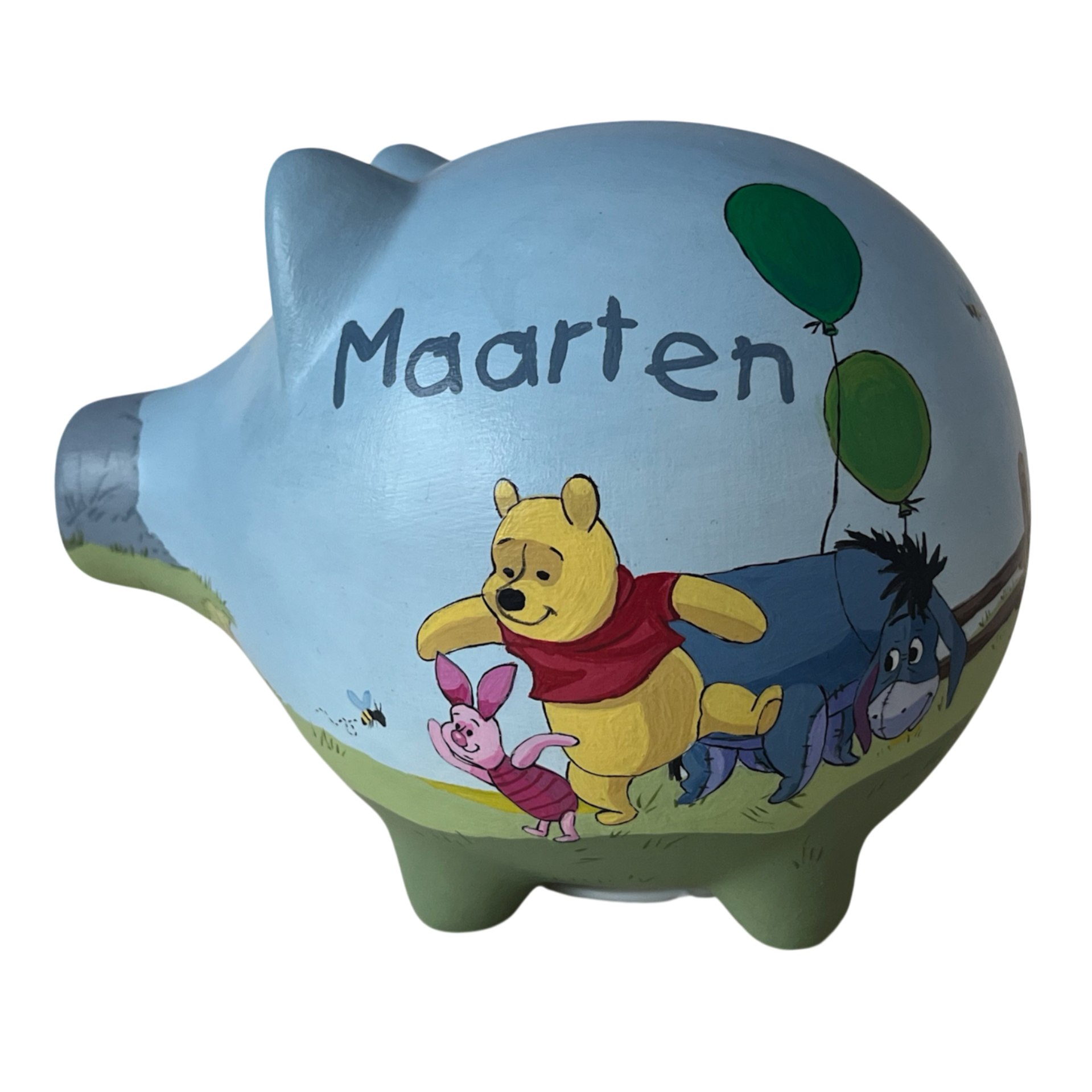 Blauw spaarvarken met Winnie de Pooh illustratie en naam Maarten.