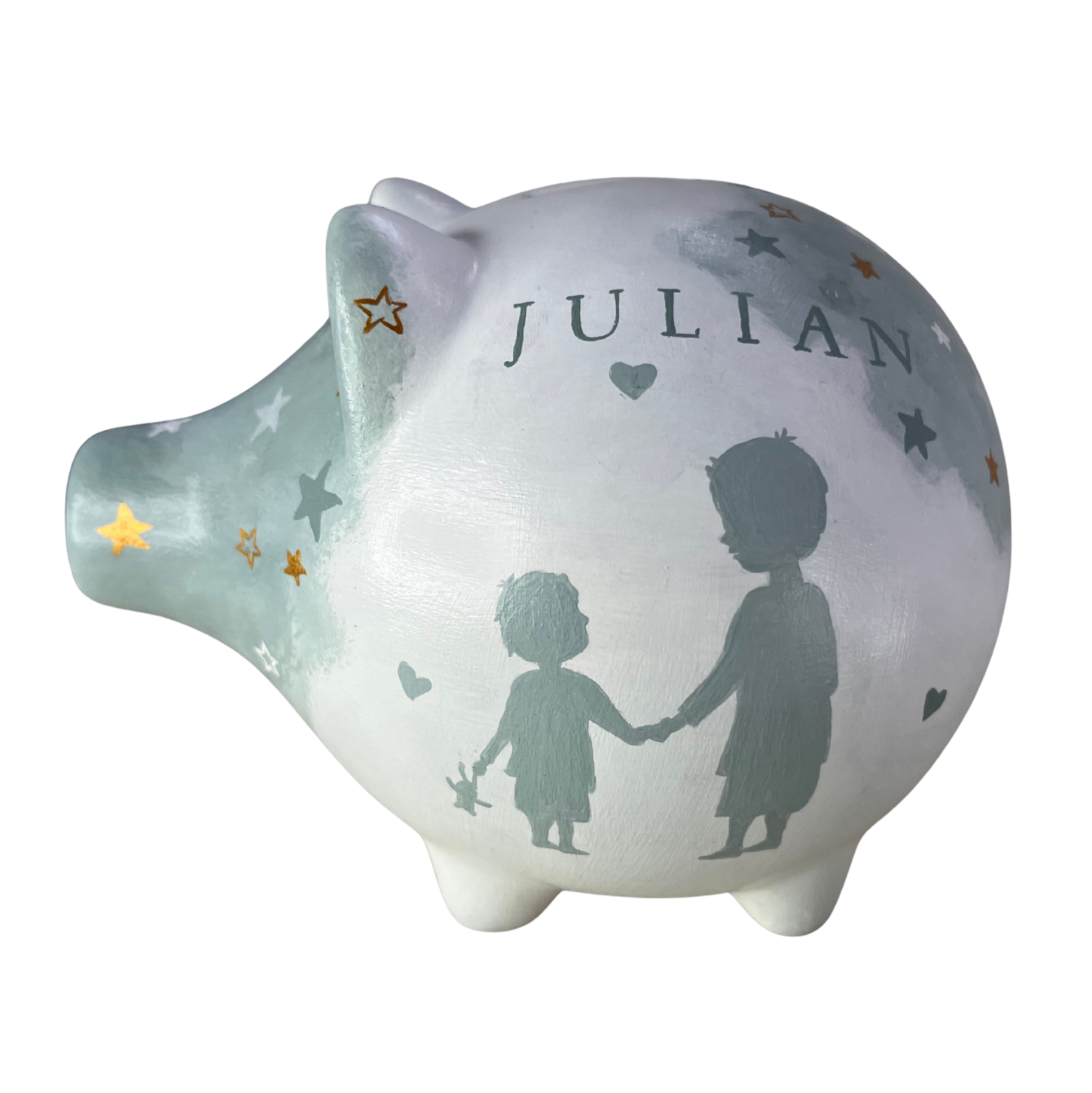 Spaarvarken met silhouetten van twee kinderen en naam Julian.