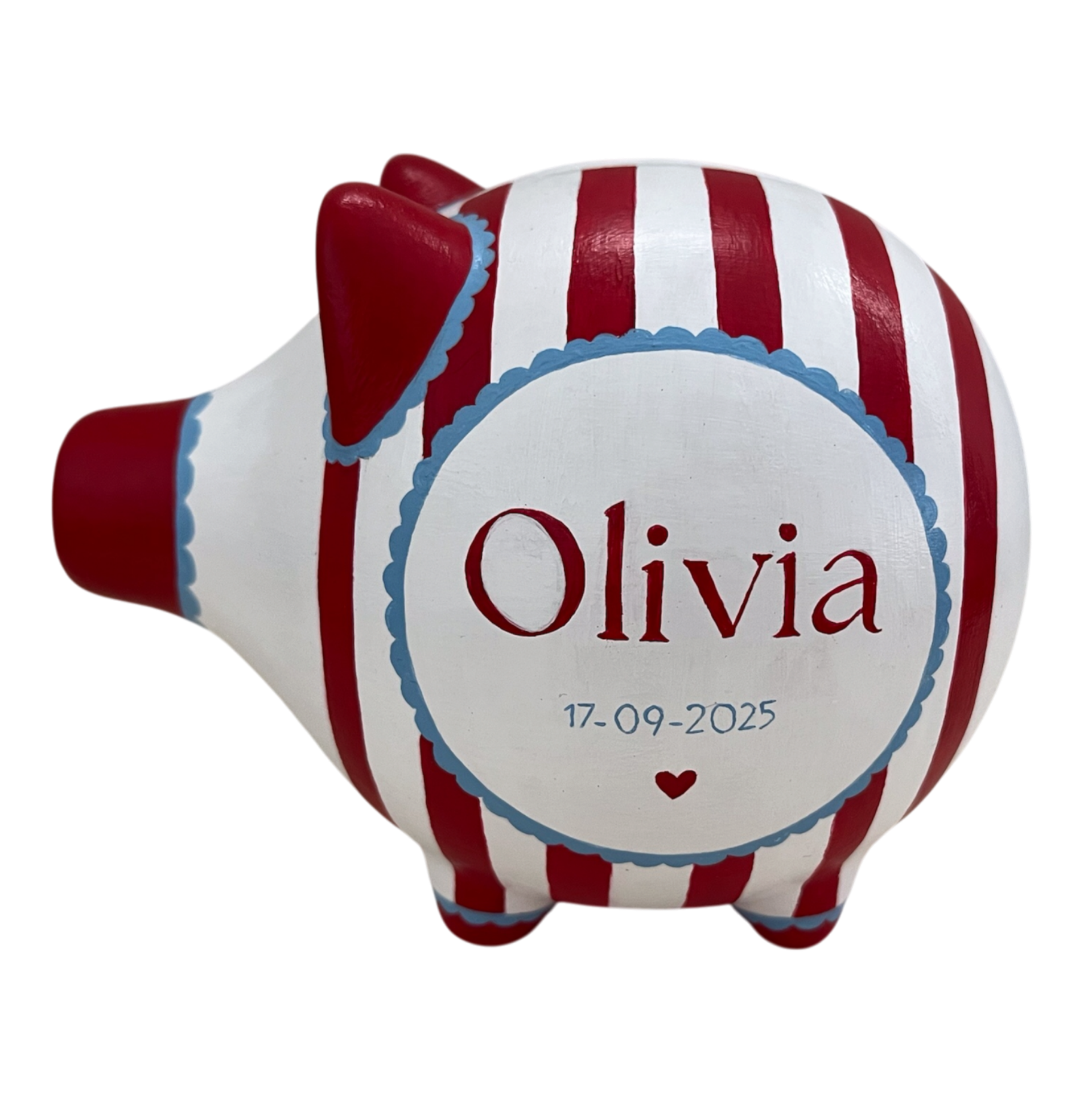 Handbeschilderd spaarvarken met rood‑wit ontwerp en naam Olivia.